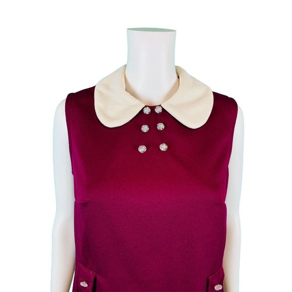 Vintage 1960s Mod Dress Maroon Peter Pan Collar | B 37" - Picture 4 of 10